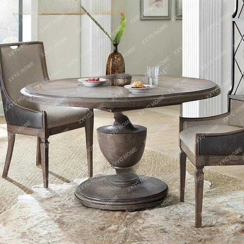AA Retro round dining table and chair combination restaurant home solid wood rotating whole