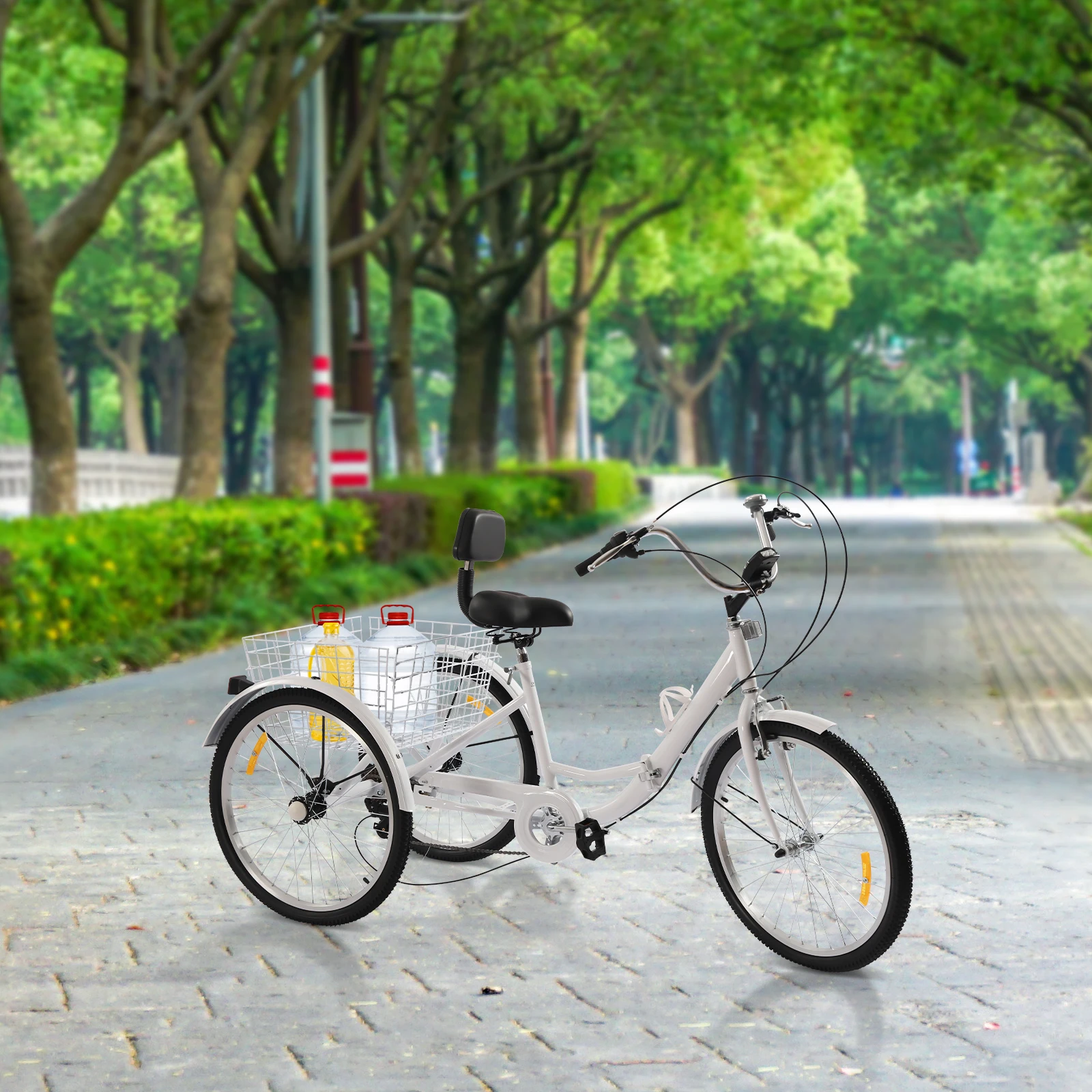 Triciclo pieghevole a 7 velocità da 24 pollici per adulti anziani Trike con cestino della spesa con luce a LED