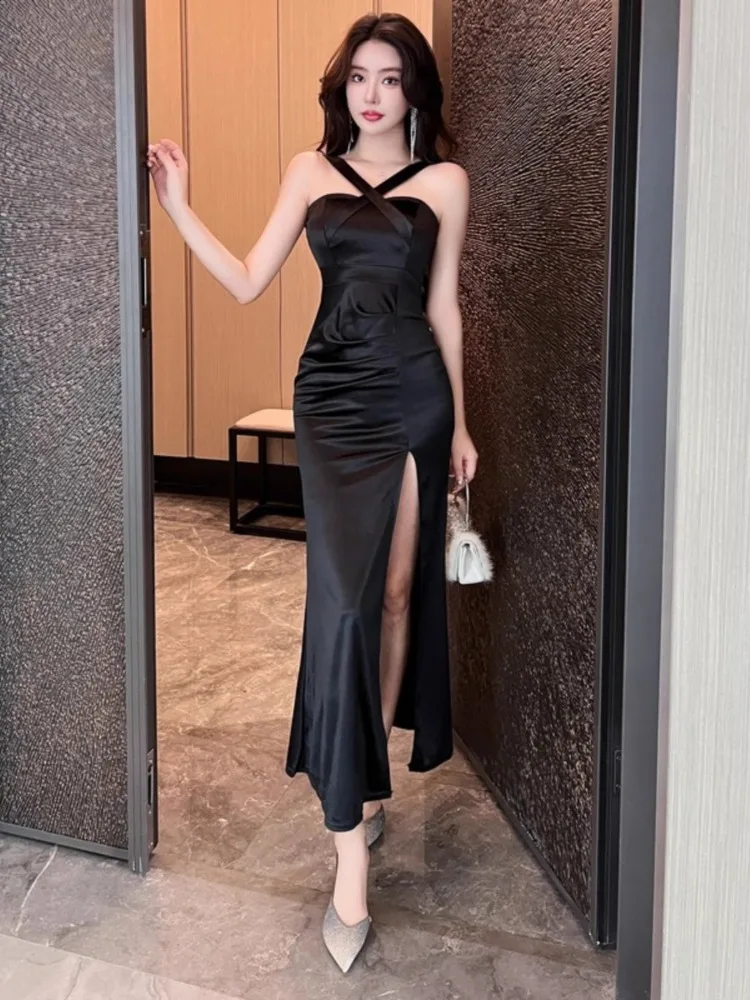 Kimotimo Sexy Off Shoulder Suspender Dresses Women Temperament High Waist Slim Split Long Evening Party Dress Elegant Vestido