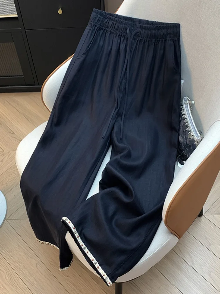 Retro Embroidered Patchwork Wide Leg Pants Women's Summer Small Size Draping Cotton Linen Lantern Pants Straight Casual Thin