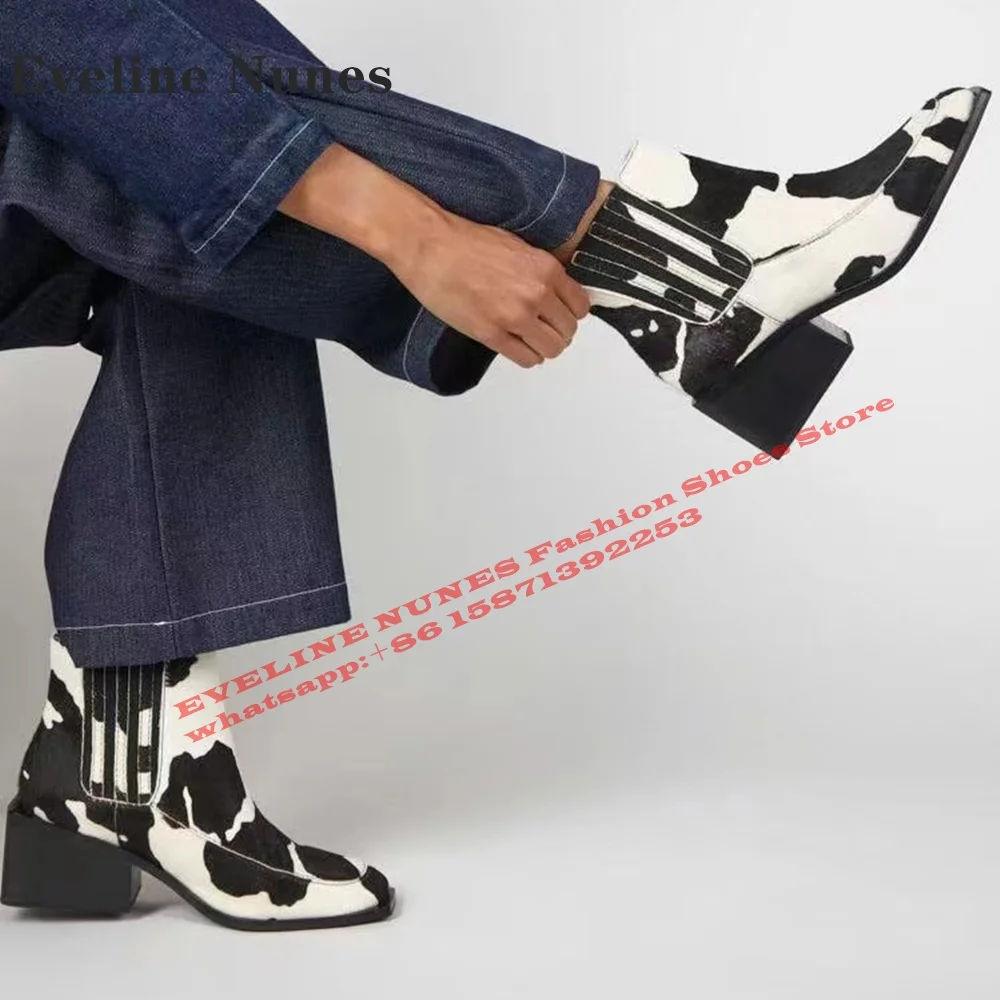 Milk Pattern Square Toe Fashion Ankle Boots Block Heels Mixed Colors Pull On Runway Show Couple Modern Booty 2024 Winter Newest