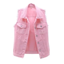 Chaleco vaquero de talla grande 6XL para mujer, chaleco sin mangas para estudiantes, Tops informales, Chaquetas vaqueras, rojo, rosa, Morado, Amarillo, Azul, Blanco, otoño