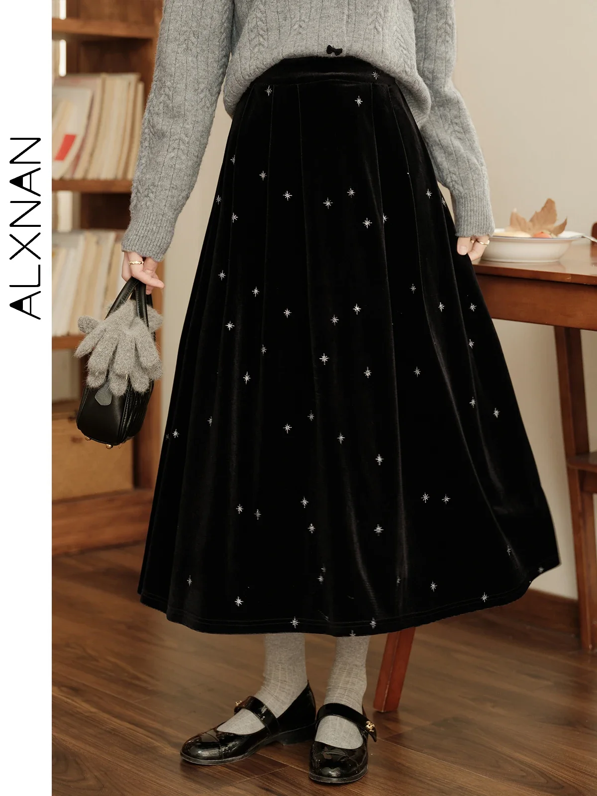 

ALXNAN женская юбка в горошек, осень-зима 2021, бархатная длинная юбка свободного кроя с эластичной резинкой на талии, расшитая блестками, элегантные женские юбки L51116