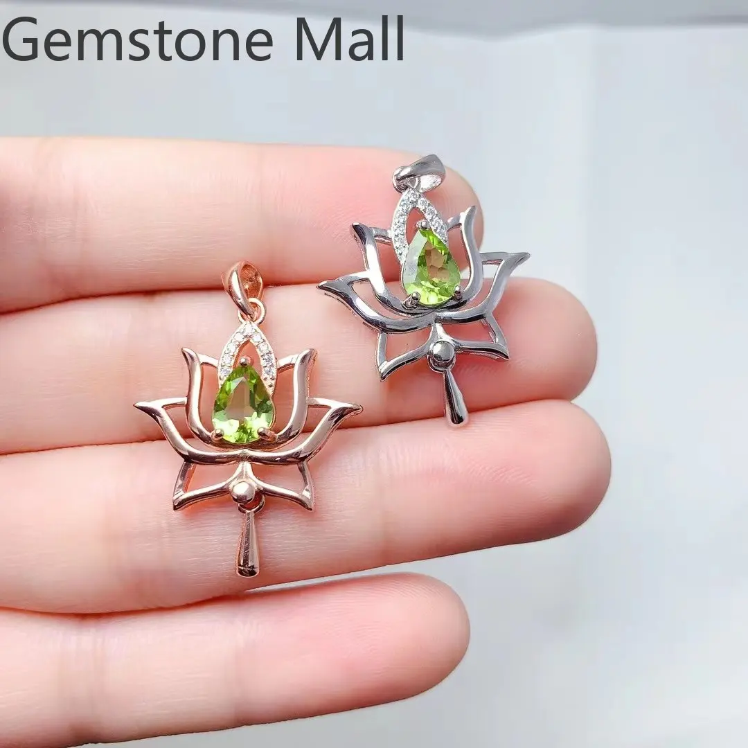 925 Silver Lotus Flower Pendant 6mm*8mm 0.7ct Natural Peridot Pendant 3 Layers 18K Gold Plating Peridot Jewelry Gift for Woman