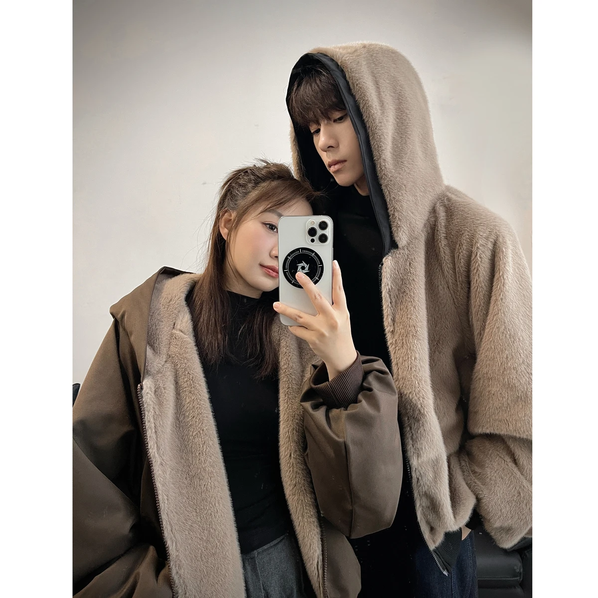 سترة بغطاء للرأس مبطنة بالصوف مزدوجة الوجه للجنسين - أخضر حكيم (كحلي/بني/أسود) S-XL ملابس شتوية دافئة للزوجين ​