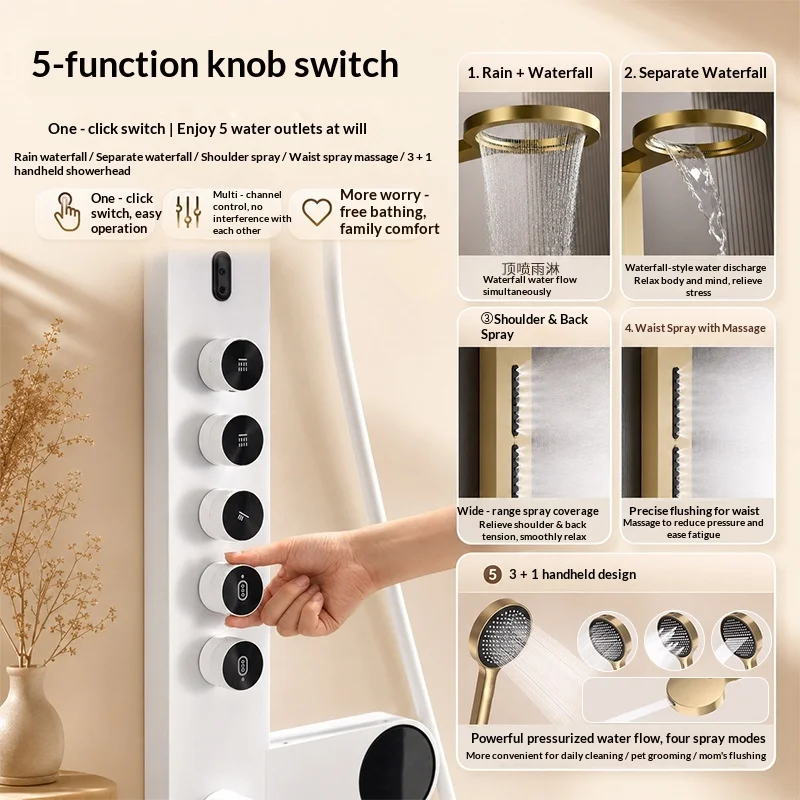 Matt Black Brass 5-Function Digital Shower Panel System Water-Saving Dual Hot/Cold Wall-Mounted Rain Waterfall Massage LED