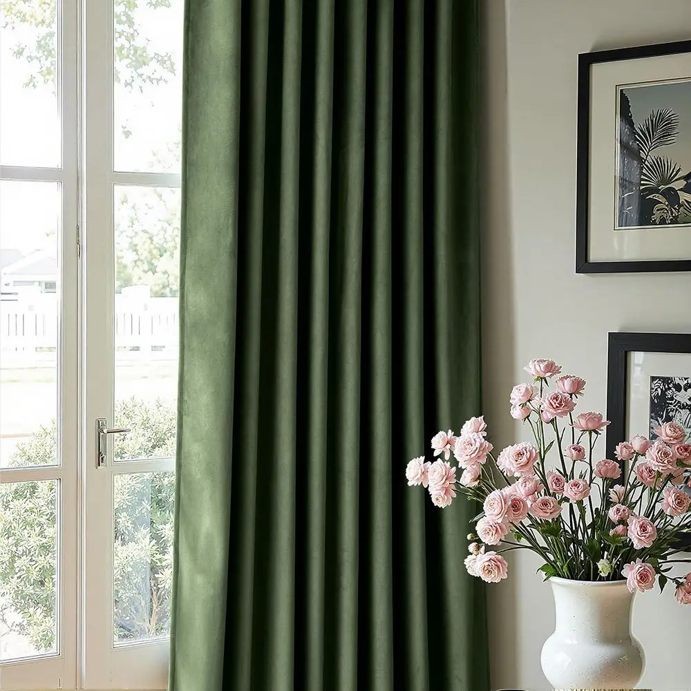 Olijfgroene 96-fluwelen gordijnen met doorvoertule, luxe thermisch geïsoleerde verduistering voor woonkamer en slaapkamer (W52 x L96)