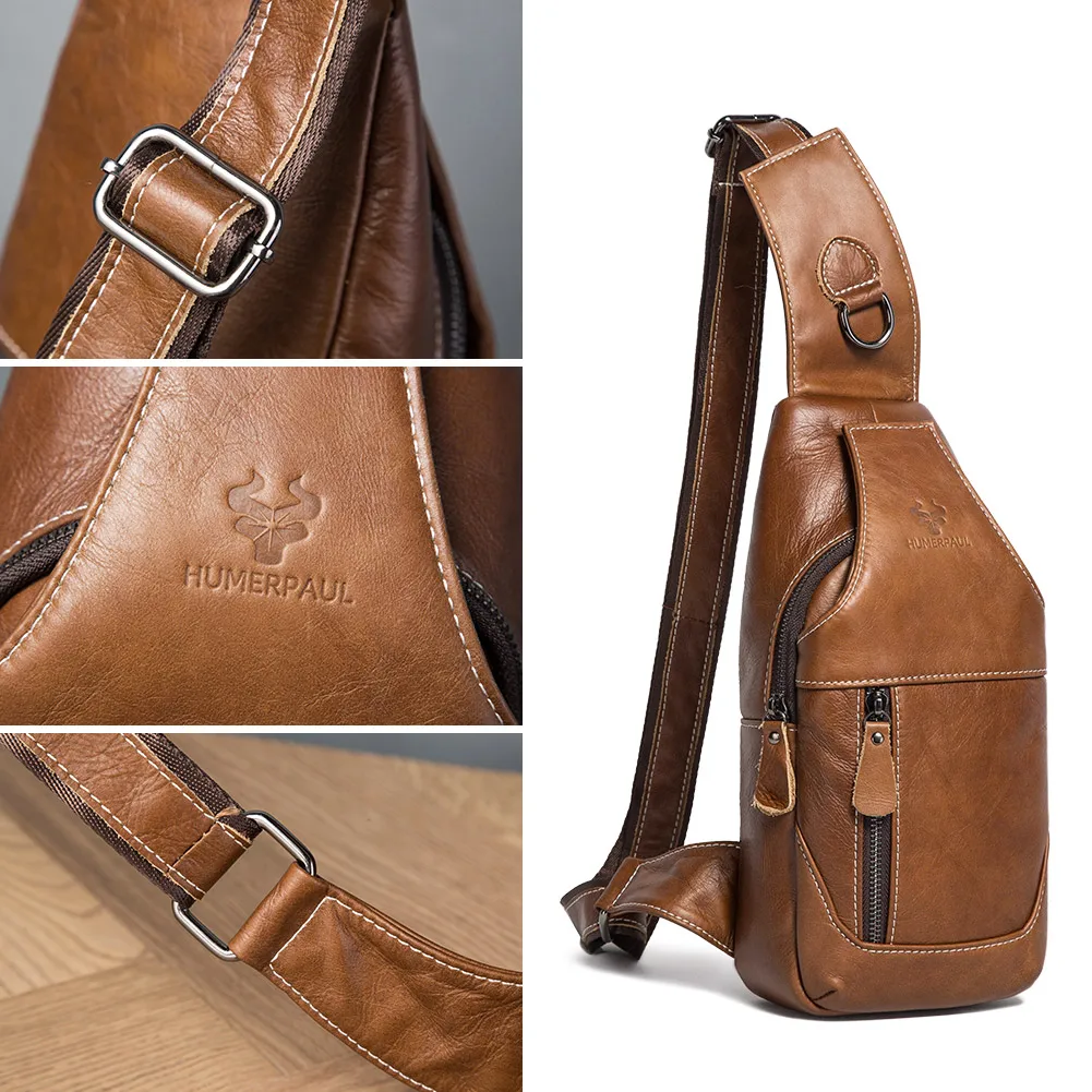 HUMERPAUL 100% Genuine Leather Chest Bag for Men Classic Shouder Messenger Bag with Cell Phone Pocket Outdoor Crossbody Bags