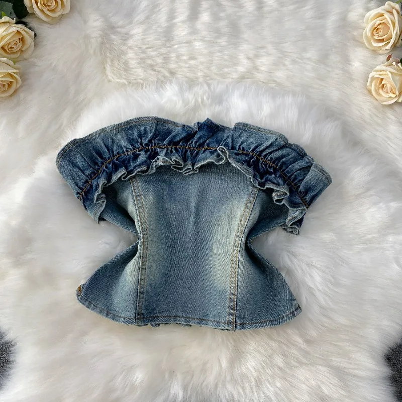Denim Skirt Suit Women 2 Piece Sets Crop Top Long Skirts A Line Strapless Ruffle Tube Top Long Maxi Jean Skirt Matching Set Y2K - view 3