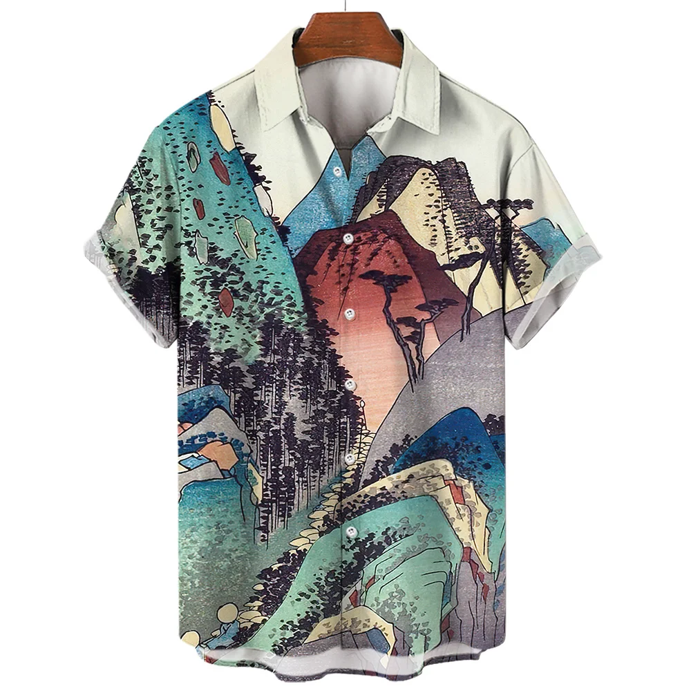 Ocean Y2K Vintage Men\'S Lapel Social 3d Casual Hawaiian Fashion Shirt For Man Street Short Sleeves Male Clothes Camisas Casuais