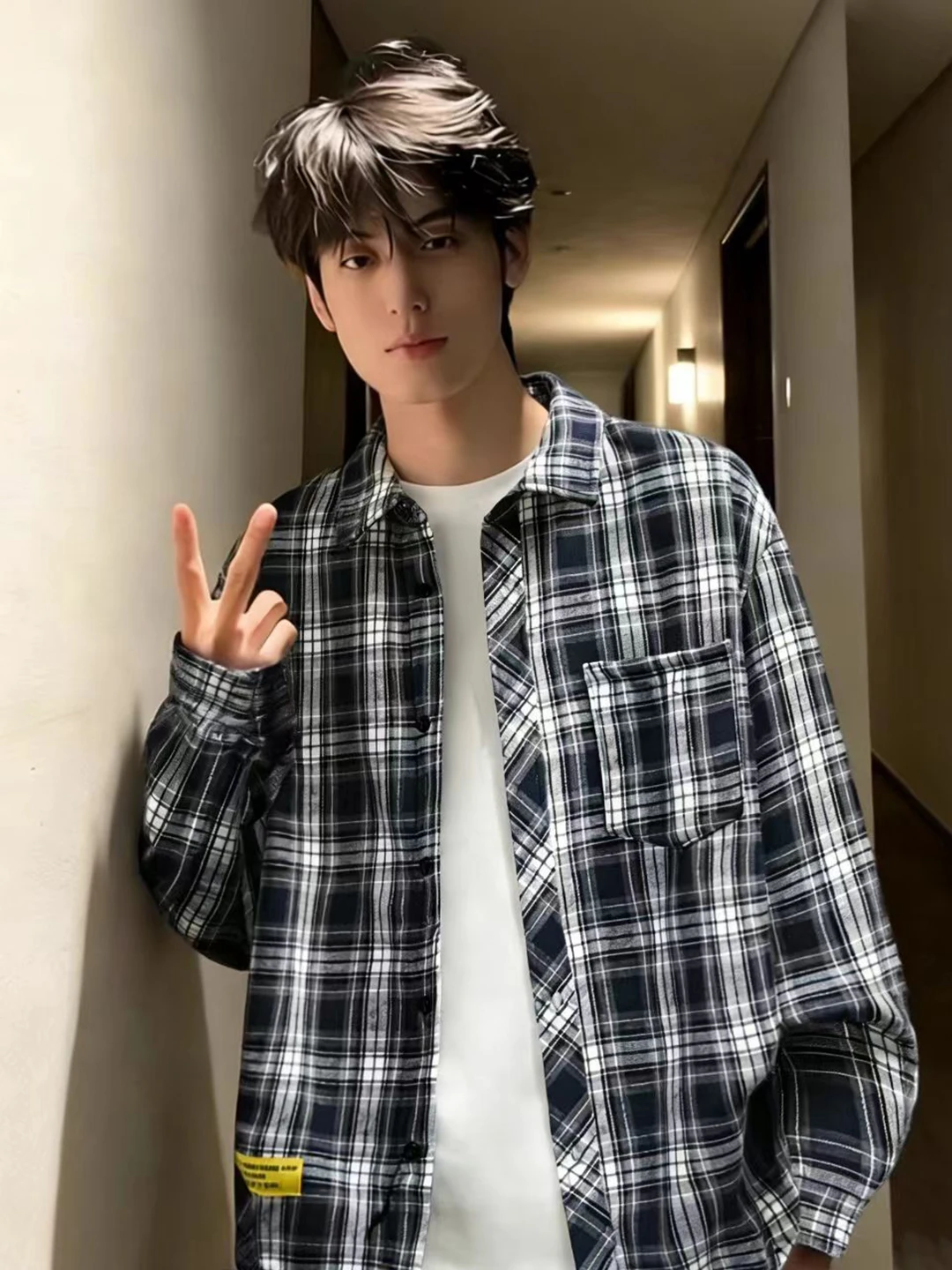 

Cleanfit Plaid Long Sve irt for Men Spring Autumn Inner Wear American Retro oulder Line Outerwear Loose Fit Youth Faion