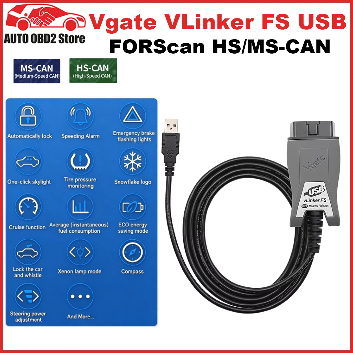 Vgate Vlinker FS ELM327 USB OBD2 Car Diagnostic Tools FORScan OBD2 Automotive Scanner MS/HS CAN PK OBDLink EX For Mazda For Ford