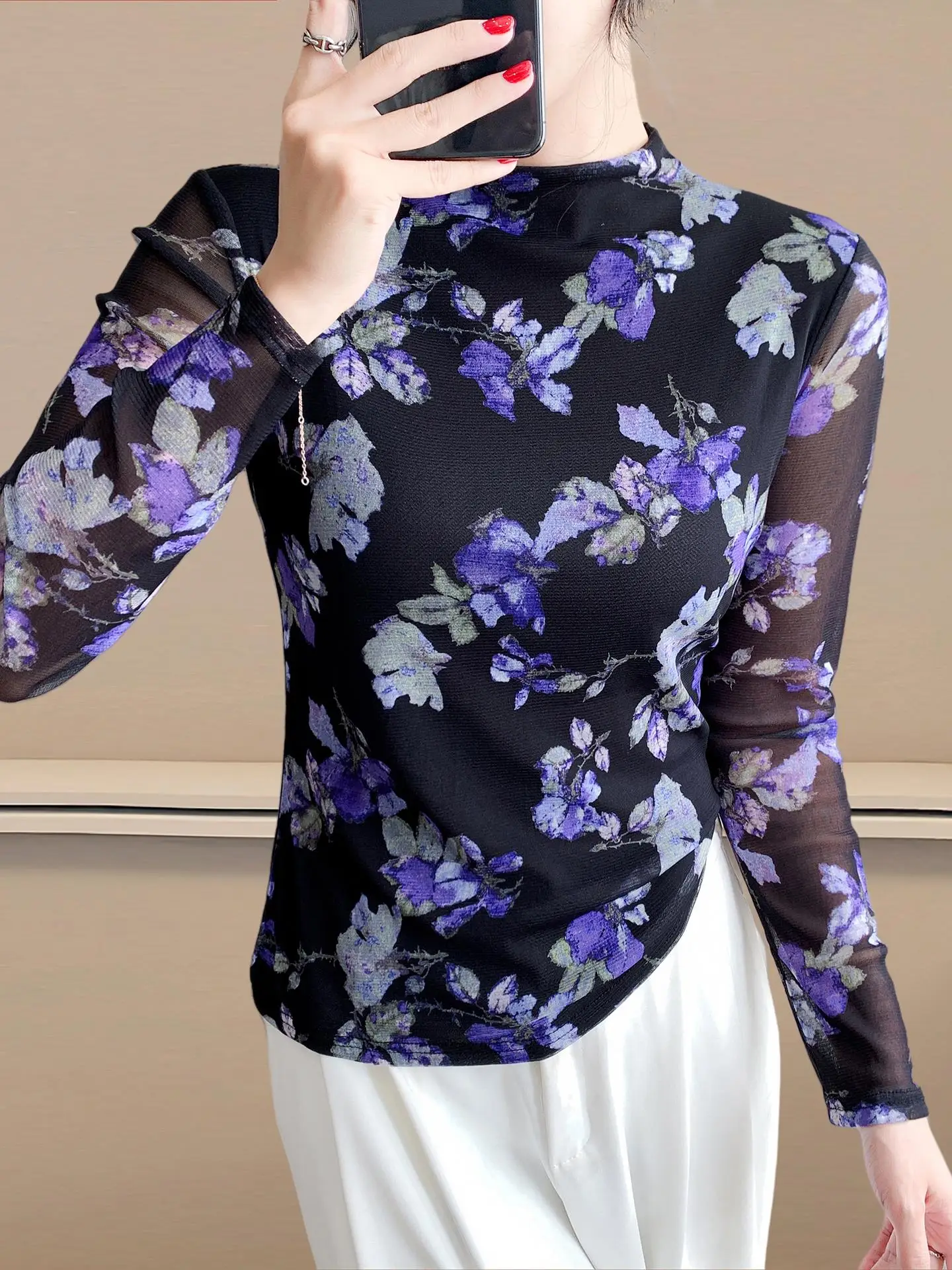 

Faionable Printed Base irt, женская весенне-осенняя новинка, длинный све с высоким воротником, модный кружевной топ