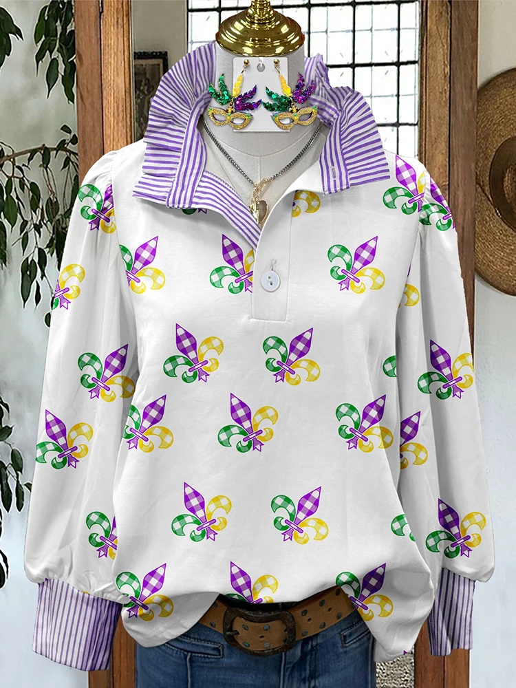 Mardi Gras Stripe Print Stand Collar Shirt