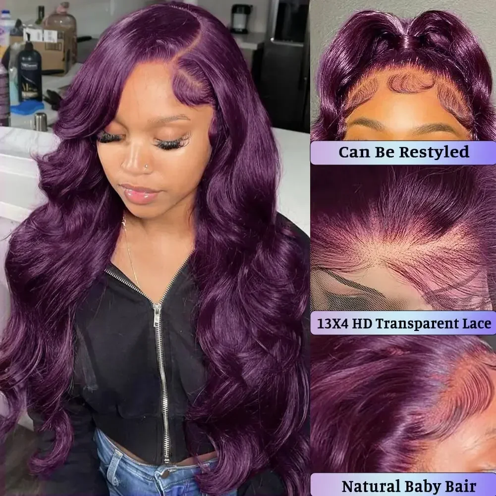 Dark Burgundy 13x4 Body Wave Lace Front Wigs for Women Grape Purple Glueless HD Transparent Lace Front Synthetic Wig Pre Plucked