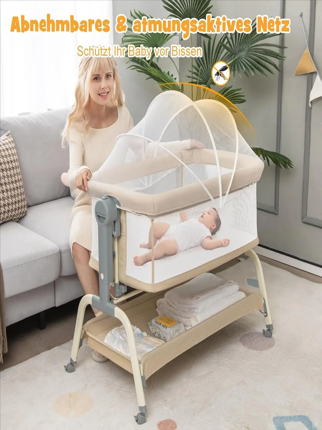 4-in-1 Babybed met Muskietennet, Zijbedje & Babywieg & Reisbedje met Matras, 6 Verstelbare Hoogtes, Draagtas - afbeelding 2