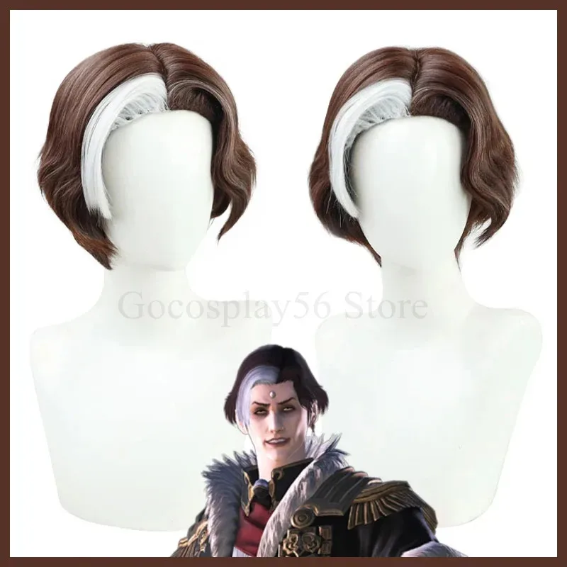 zz04zz12Hades Wig Emet-Selch Cosplay Boss Brown Short Curly Synthetic Hair Heat Resistant Halloween Role Play