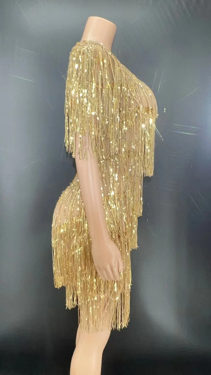 ผู้หญิงปาร์ตี้ไนท์คลับชุดวันเกิดประสิทธิภาพแสดงเวทีสวมใส่เซ็กซี่ Shining Gold Fringe ชุดเต้นรําละตินพู่ชุด