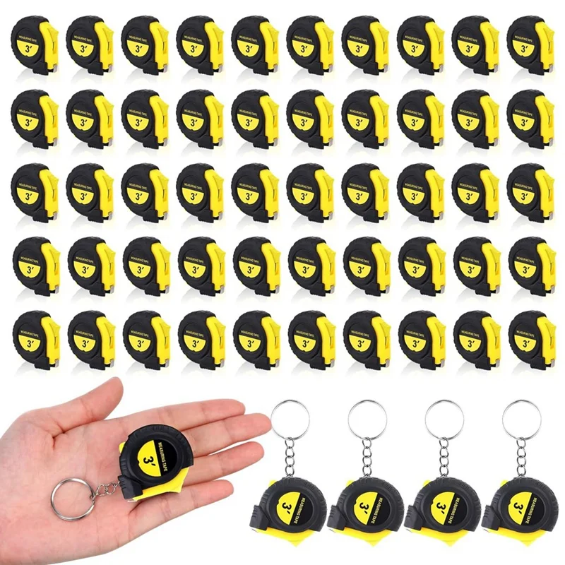 50 Piece Mini Measuring Tape Retractable Key Chain Tape Black & Yellow Plastic Measure Easy Read Measuring Tape Bulk Set