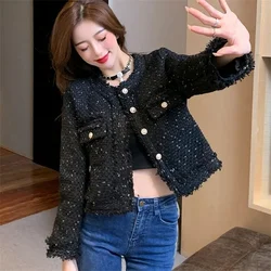 Autumn Winter Women Elegant Tweed Cardigan Short Coat With Pocket Single Breasted Jacket For Women Loose Outwear 2025