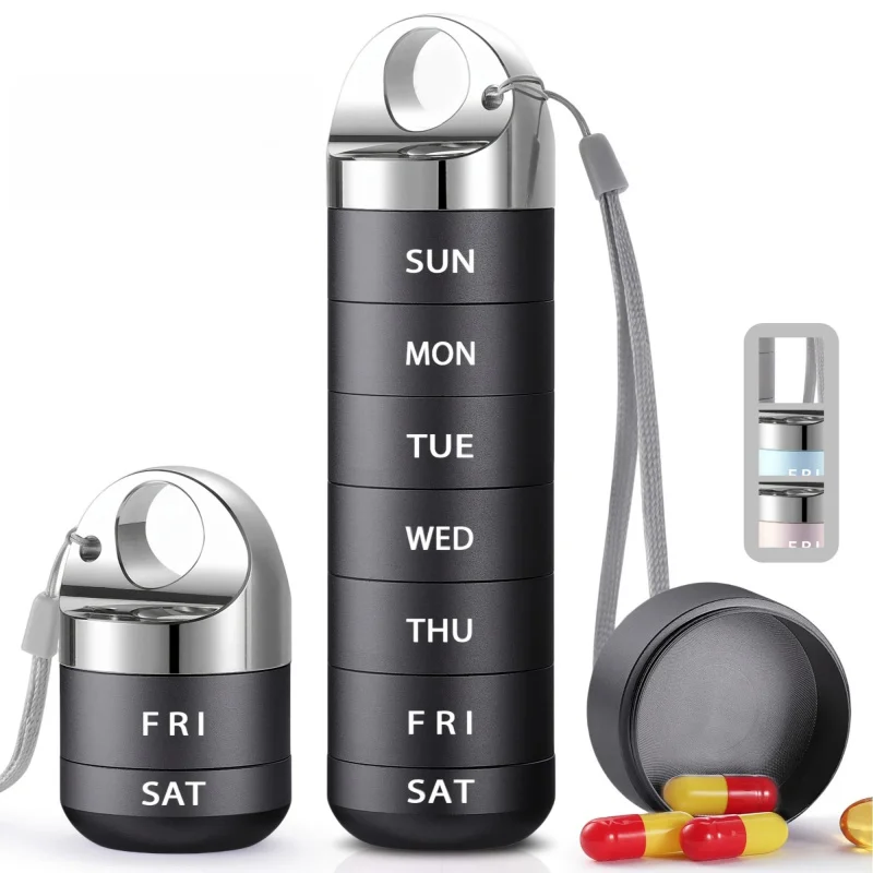 Large aluminum alloy pill box container, 7-day pill organize