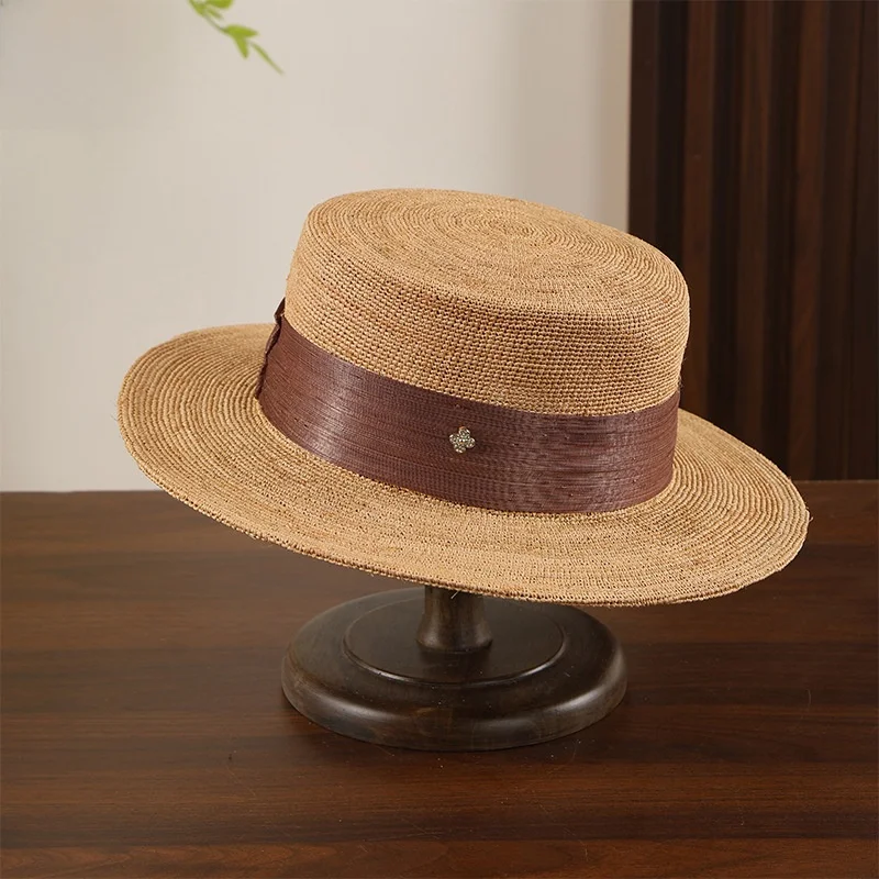 summer-women's-handmade-hook-needle-straw-hat-silk-linen-band-flat-top-sun-protection-hat-rabbit-fur-blend-material