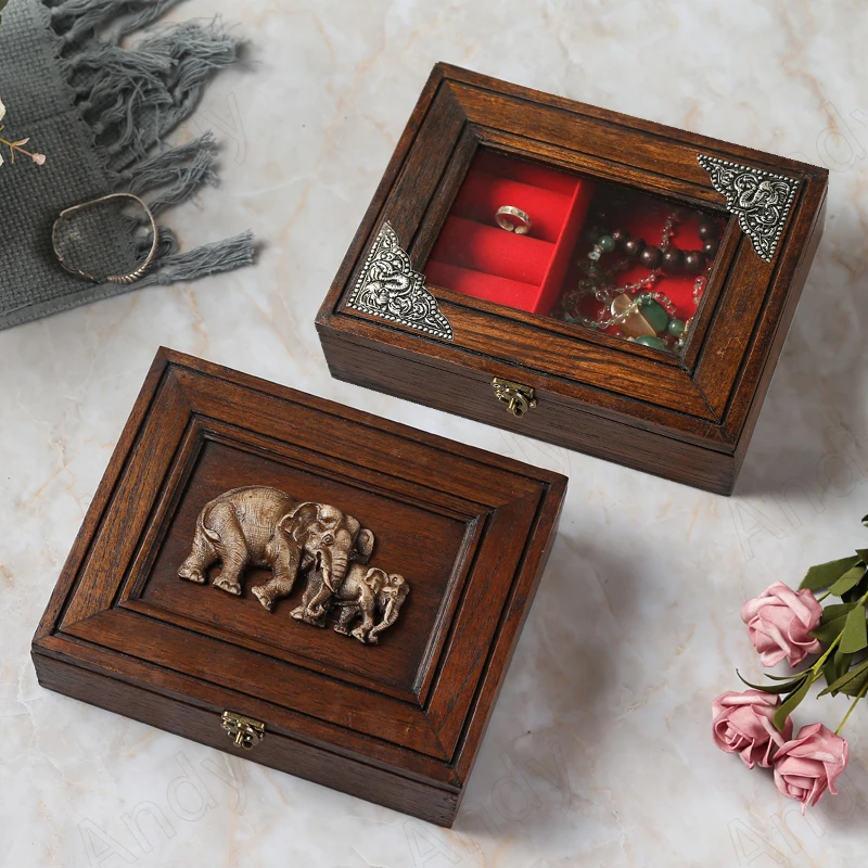 

Retro Solid Wood Storage Box Handmade Elephant Relief Decorative Bedroom Jewelry Organizer Desktop Earrings Necklace Container