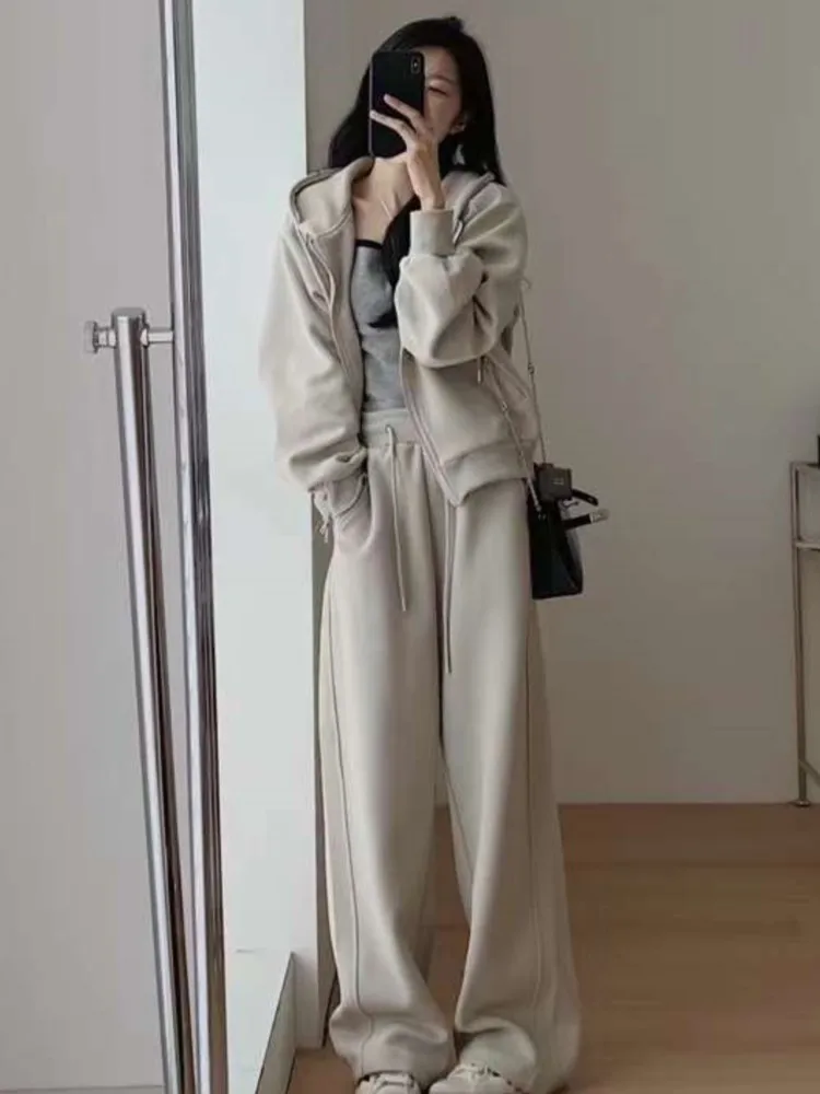 

Loose Pant Set 2 Piece Sets For Women Basics Long Sleeve Hoodies Coat Wide Leg Pants Solid Casual Fashion Suit Spring Autumn New