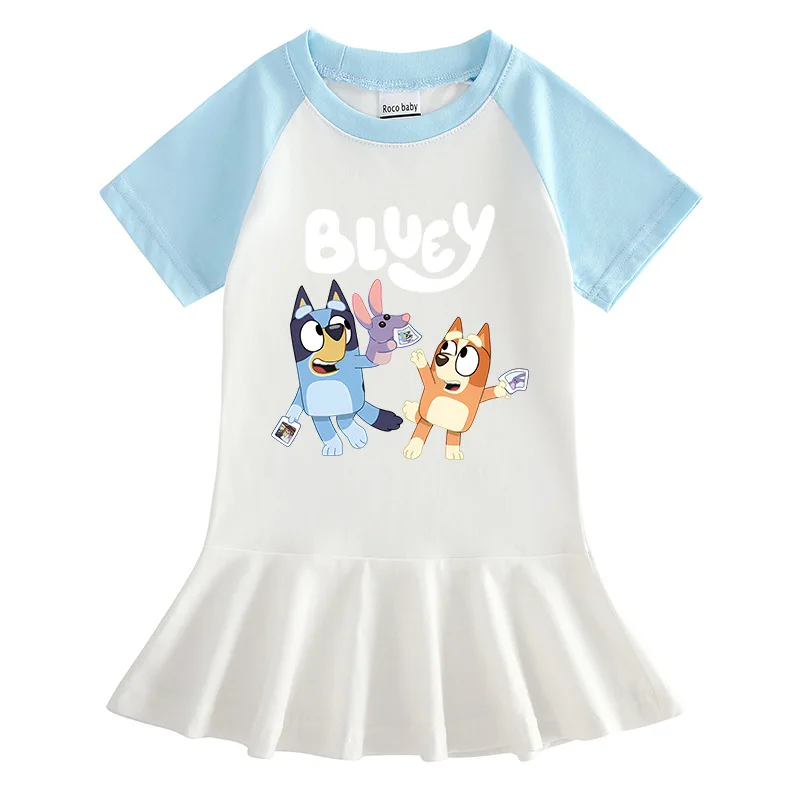 2024 Bluey Summer Children Clothing Cartoon Half-sleeved Dress Pure Cotton Splicing Girl Baby Casual Pleated Skirt