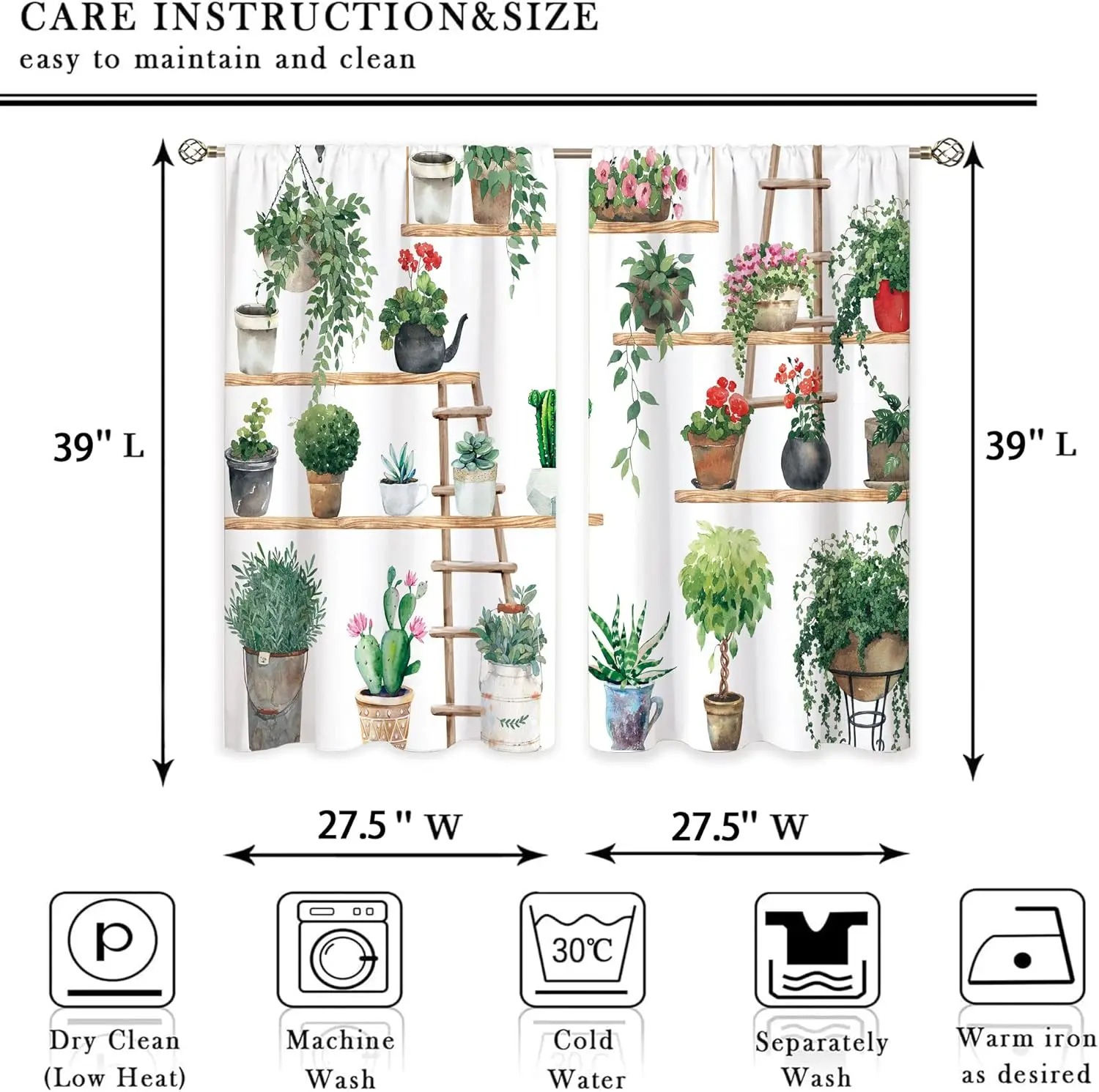 Boho Plant Floral Kitchen Curtains,Flower Plant Small Window Treatment,Green Leaf Cafe Short Window Curtains for Bathroom Dining