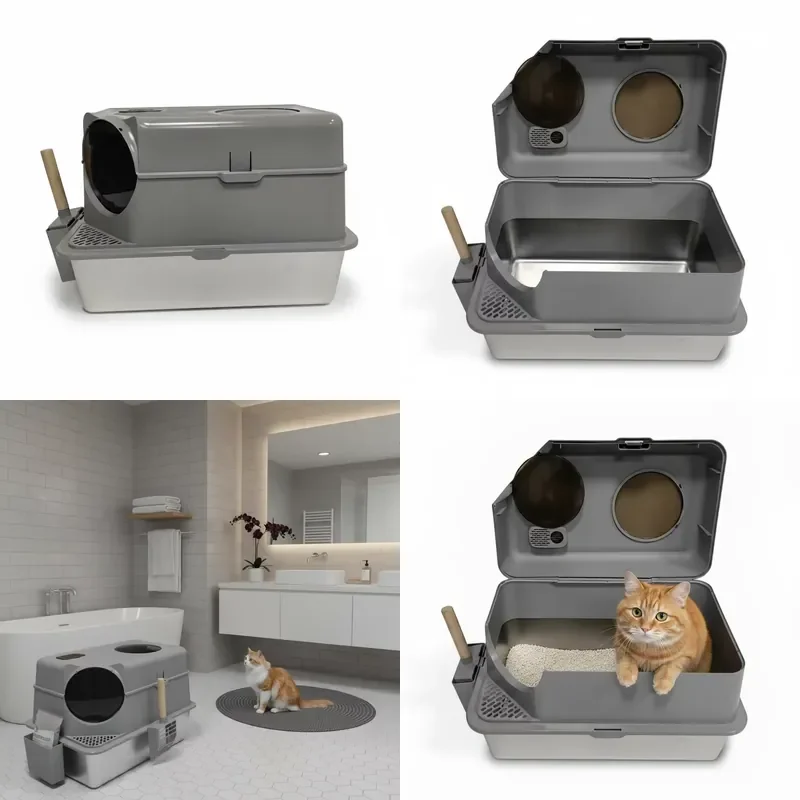 for Large Stainless Steel Enclosed Cat Litter Box Deodorant Design with Multi-Cat Shovel Suitable for Cats