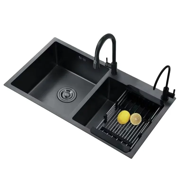 Kitchen Sink Factory Supplier Wholesale Double Bowl SUS304 Anti-rust Handmade Stainless Steel Modern Sink Bottom Black 5 Years