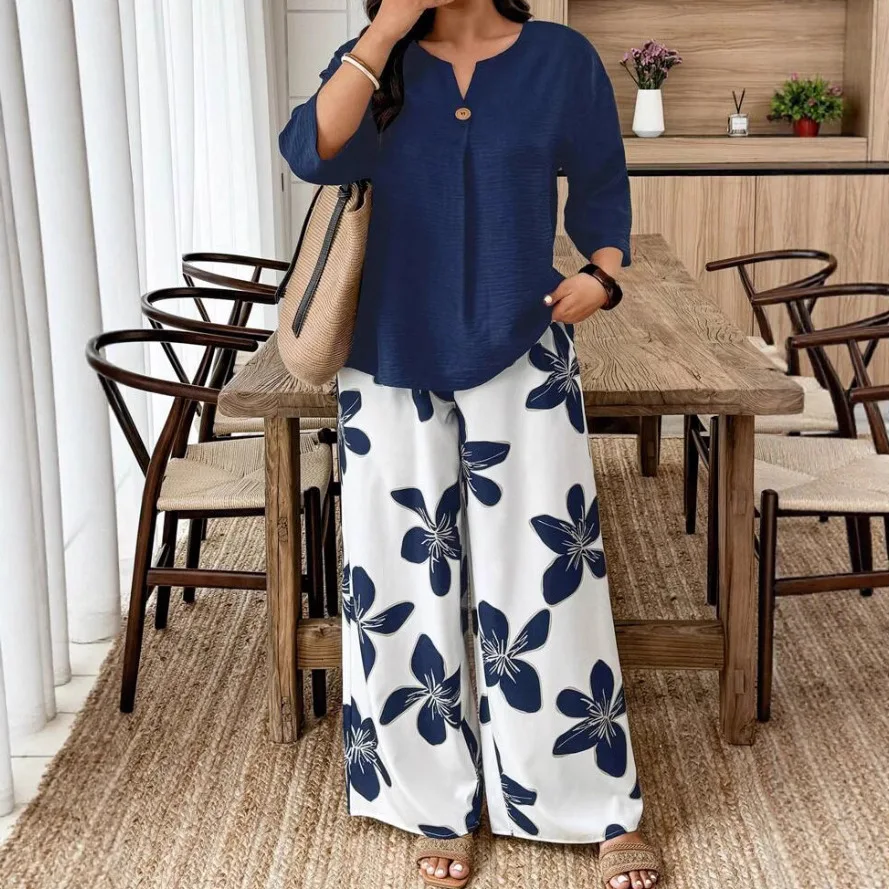 

Женский брючный костюм-двойка: блузка и брюки с широкими штанинами, принтованный комплект, рубашка в пол, весна 2026, для офиса