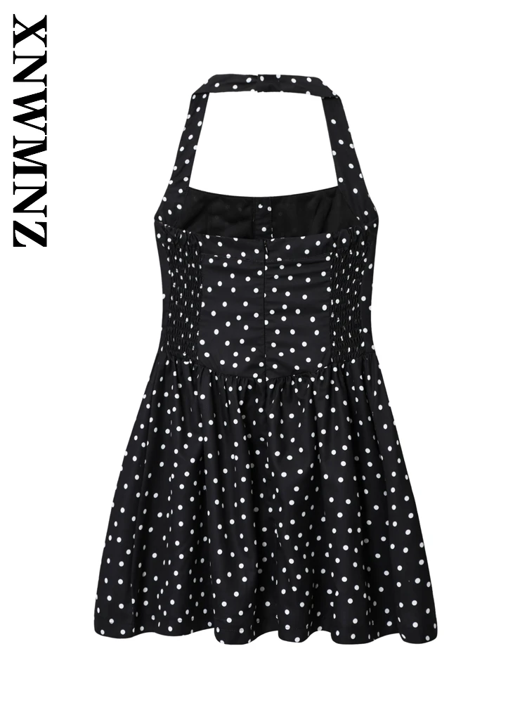 XNWMNZ 2025 Estate Nuova Donna boho Vacanza Spalla Senza Maniche Backless Abiti Donna Sexy Nero Halter Dress Party dot mini