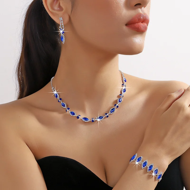 FYUAN Elegant Red Blue Green Black Necklace Earrings Bracelet Geometric Crystal Earrings for Wedding Jewelry Sets