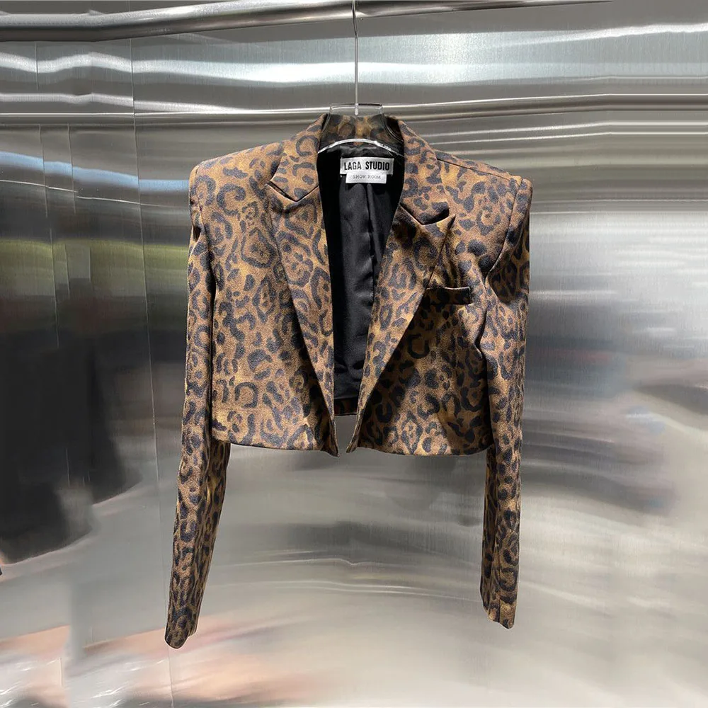 Women Jacket Korean Female Clothes Sexy Fashion Short Suit Coat Long Sleeve Blazer Tunic Leopard Print Cropped Tops Ropa Mujer