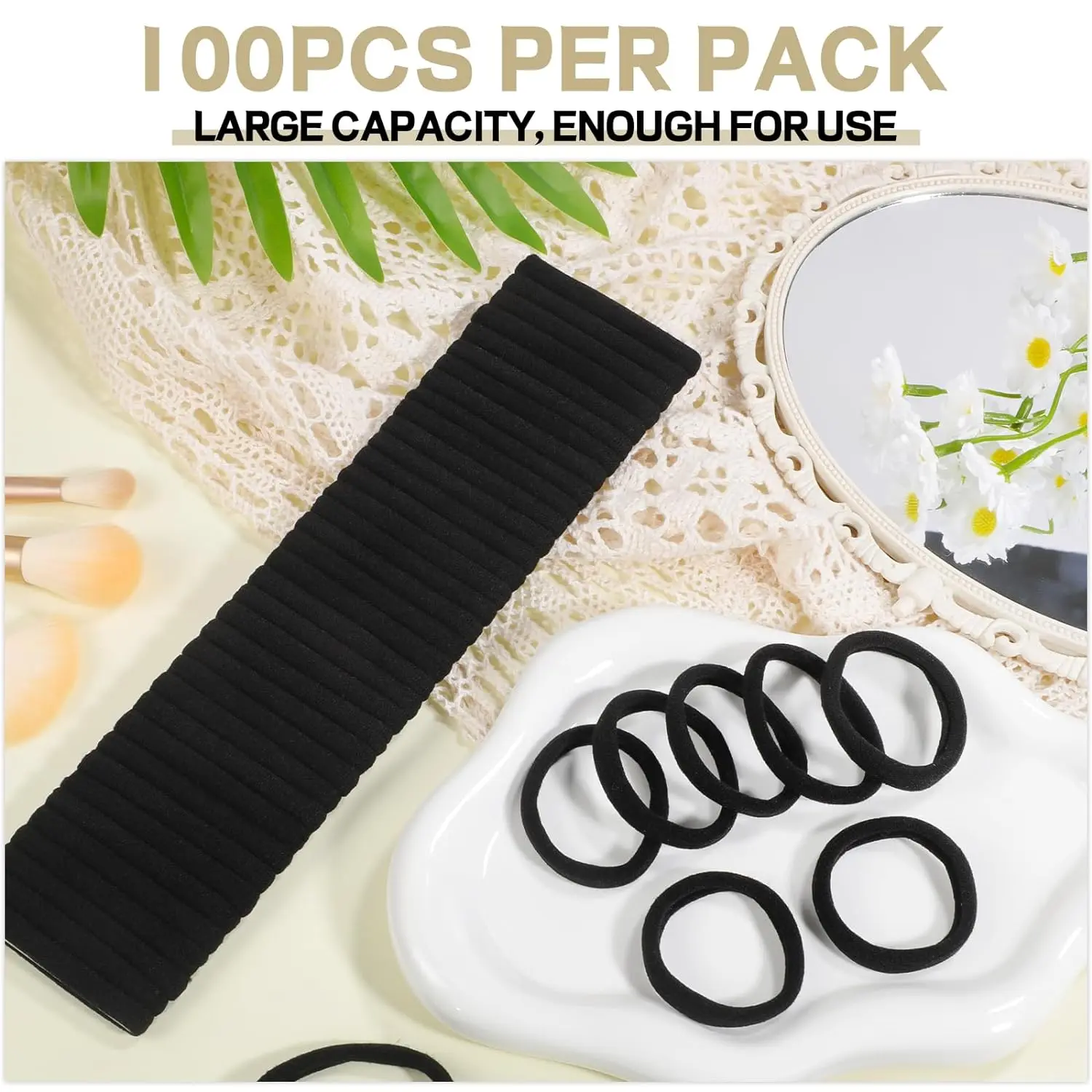 100PCS 4cm Black Hair Ties, Cotton Seamless Ponytail Holders, No Damage Elastics Hair Bands for Thick Heavy &Curly Hair