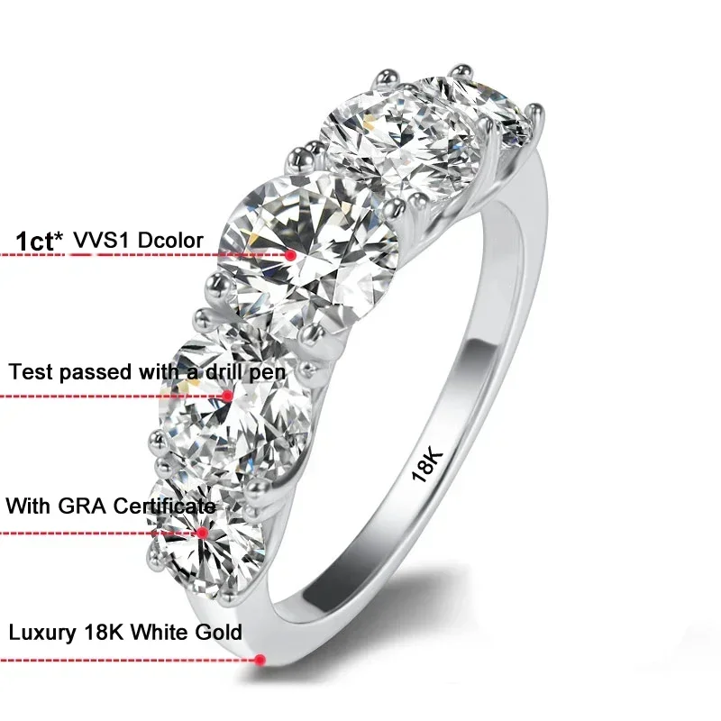 Super Luxury 18K White Gold  Ring Inlay Sparkling 5pcs Diamonds In All 5 Carat VVS1 D Color Moissanite Wedding Rings for Women