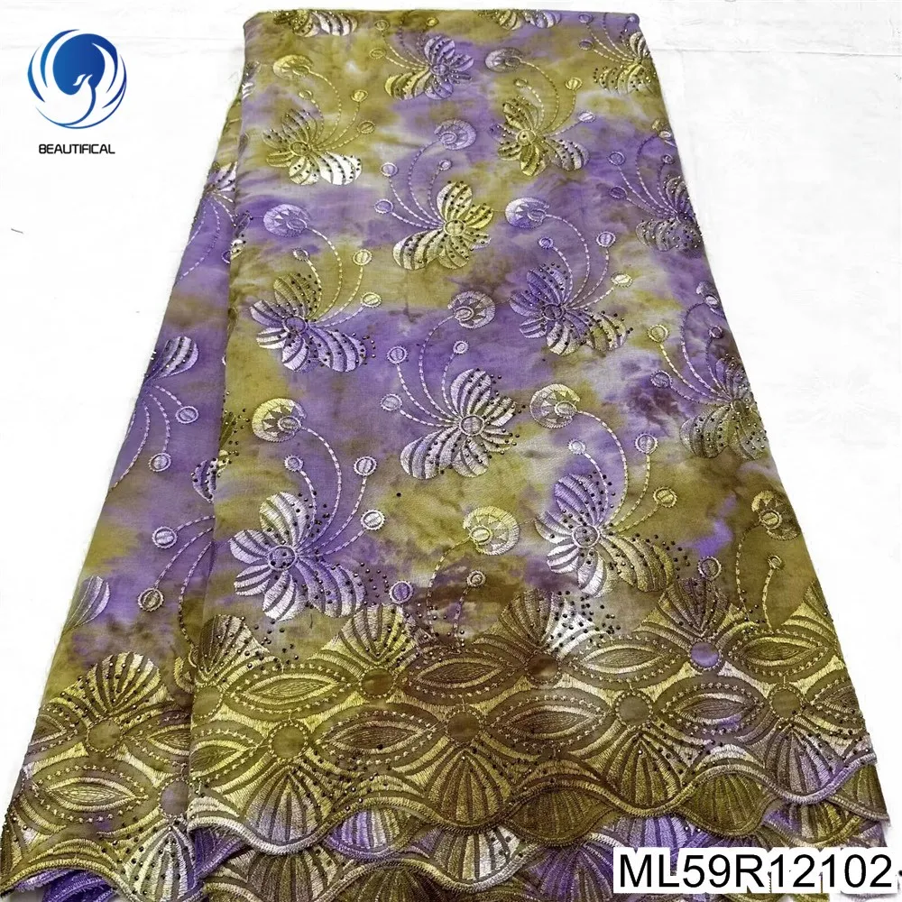 2025 New Soft African Fabric Fashion Tie-dye Embroidered 100% Cotton Swiss Lace Wedding Dress ML59R121