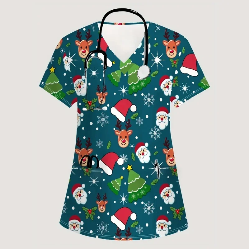 Christmas printVStylish collar pocketTShirt Women's medical workwear Suitable for use by veterinarians and dentists in clinics