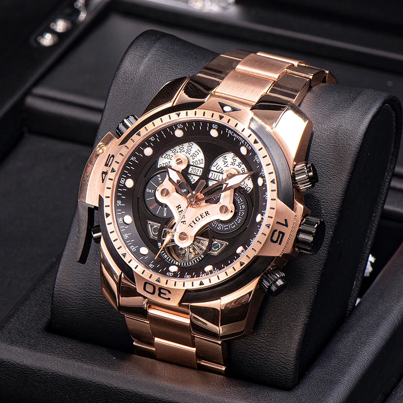 Reef Tiger Designer Sport Mens Watch Rose Gold Perpetual Calendar Date Day Complicated Mechanical Bracelet Big Watch RGA3503