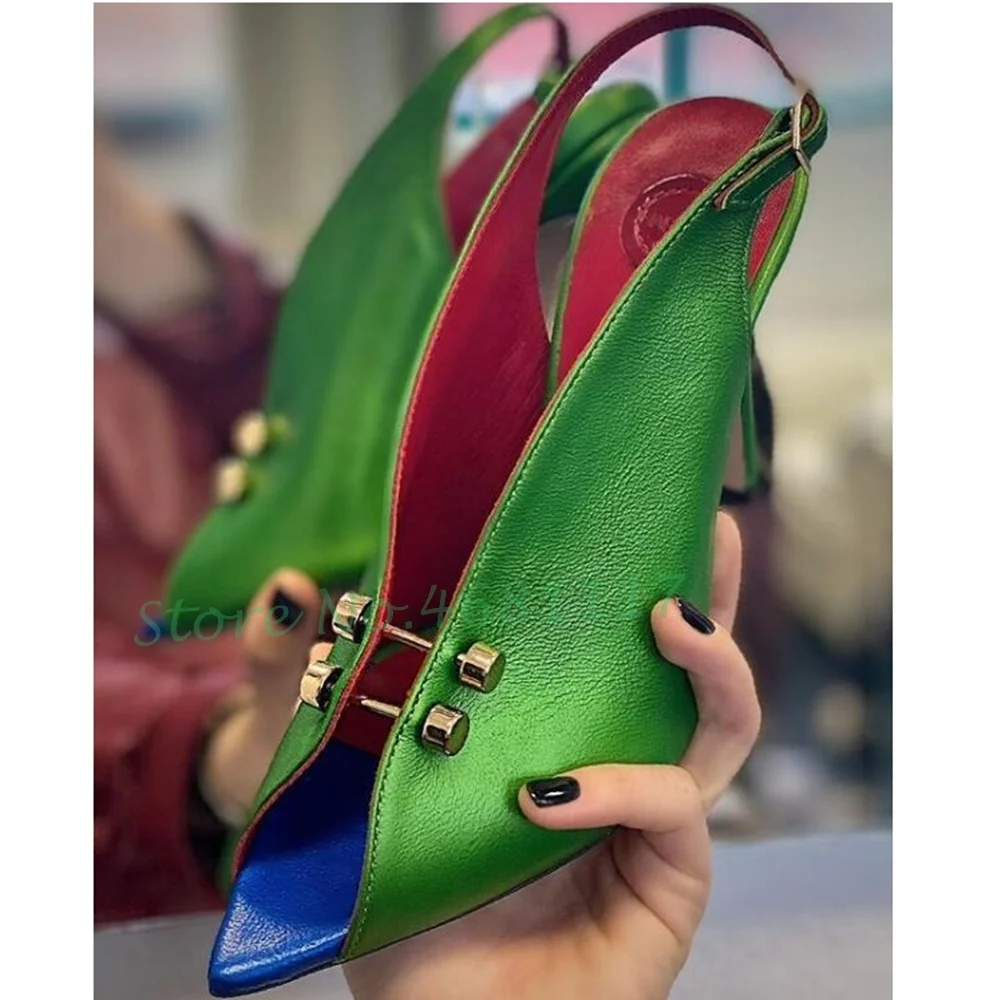 Verde Hollow Metal rivetti sandali donna Peep Toe cinturino posteriore pompe Multicolor tacchi sottili partito sandali lucidi scarpe estive Sexy