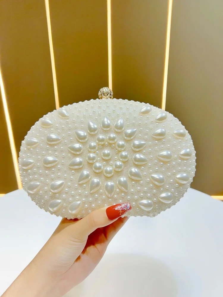 

2025 New White Water Droplets Pearl Evening Bag Women Oval Inlaid Pearl Shiny Clutch Bag High-level Fashion Elegant Shoulder Bag
