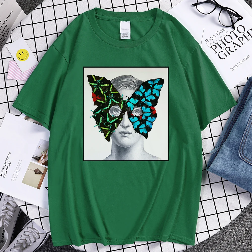 Two-Tone Butterfly Mask Prints Men's T Shirts Oversized S-XXXL Tshirts Crewneck Fashion Tee Shirts Loose Vintage T-Shirts Mans