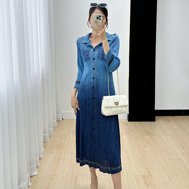 Summer Dress for Women 2024 Autumn New Retro Gradual Wrinkle Style Reduced Age Cardigan Single Breasted Dress