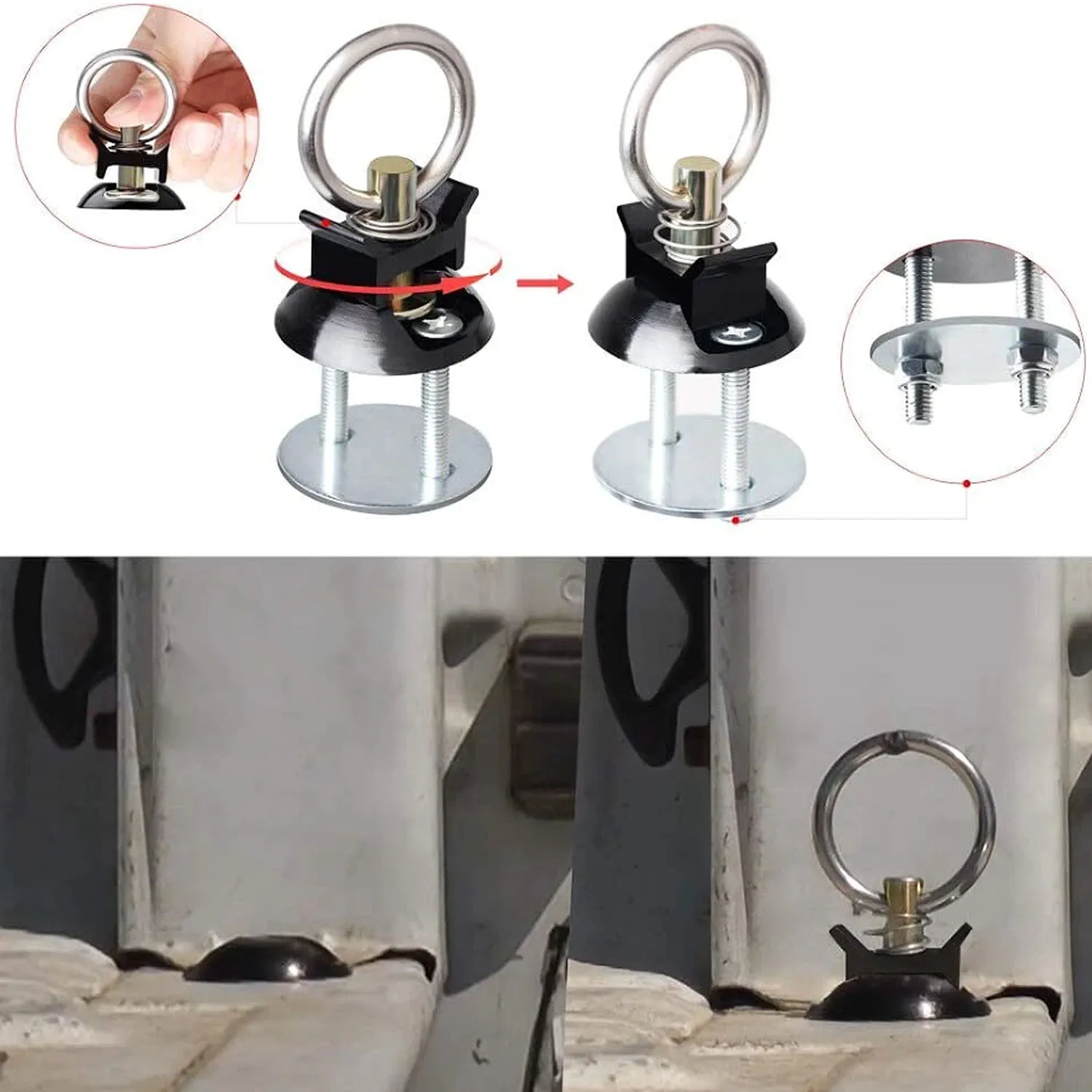 4x L-Track Single Stud Fitting with Round Ring Black Cargo Tie Down Anchor for Airline Rail Track Truck Trailer Pickup Camper