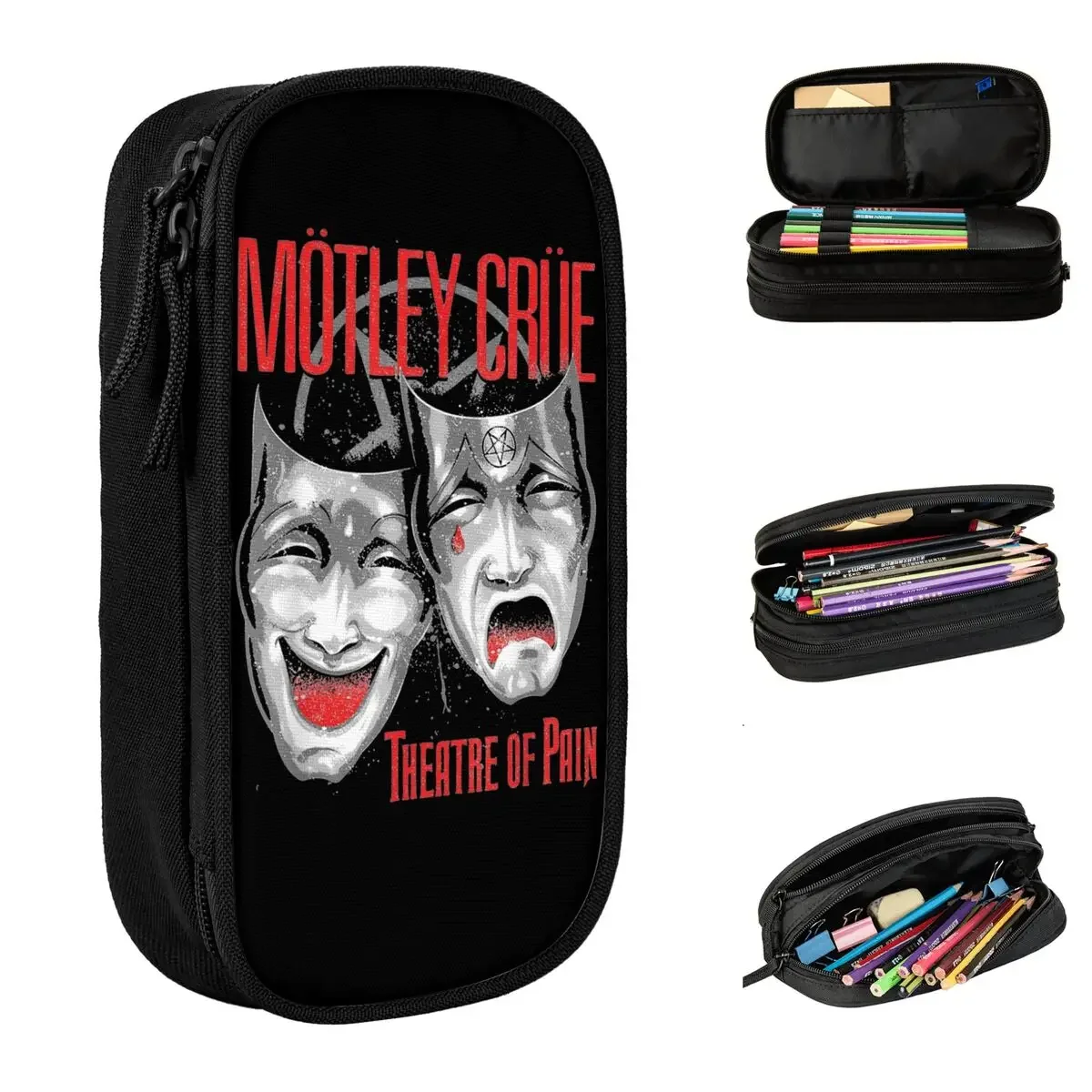 

Large Capacity Pencil Pouch Theatre Of Pain Motley Crues Rock Band School Supplies Double Layer Box Women Makeup Bag