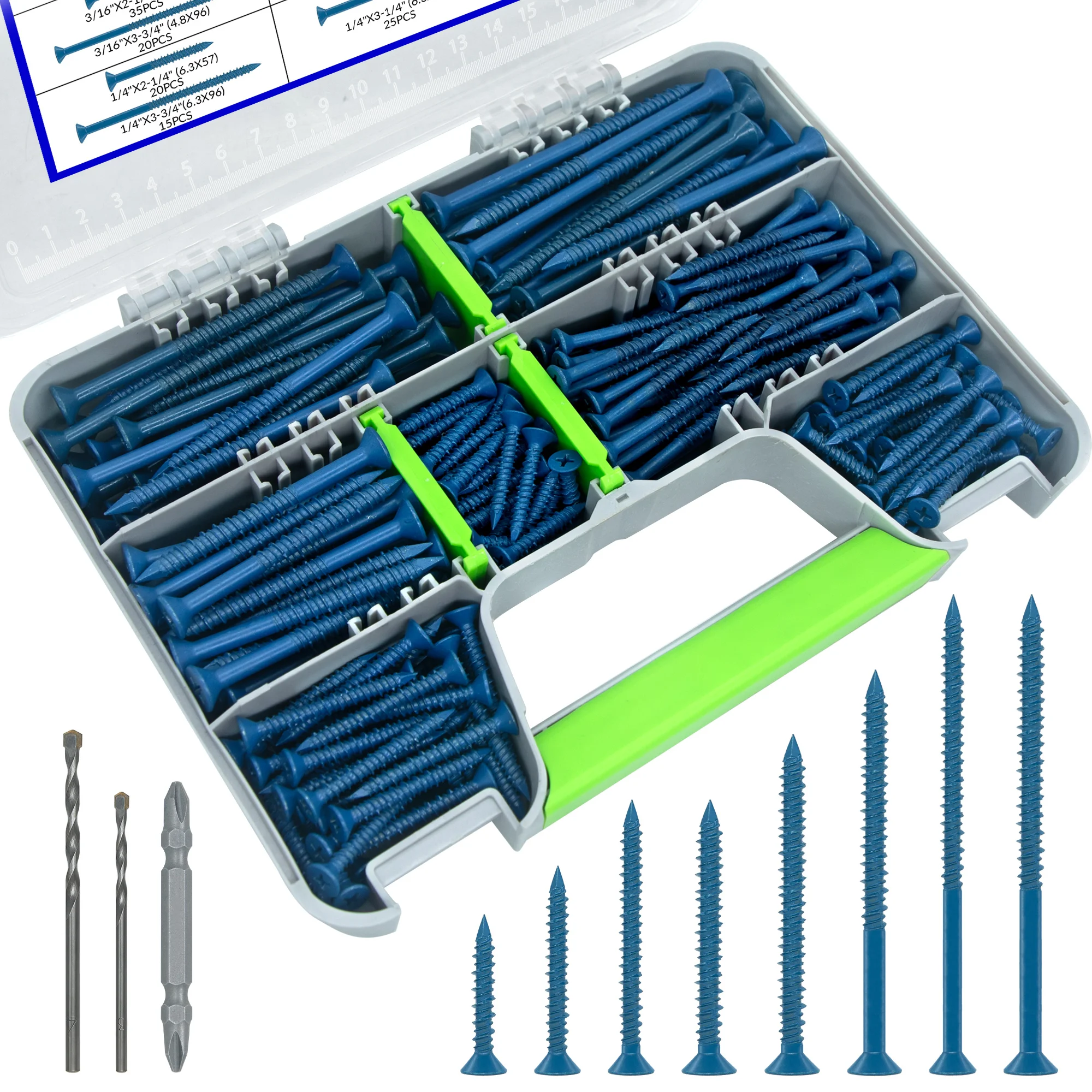 275Pcs Blue Flat Head Concrete Masonry Screws Kit, With PH2 Screwdriver Bit & 2 Drill Bits for Brick, Concrete Wall Mounting