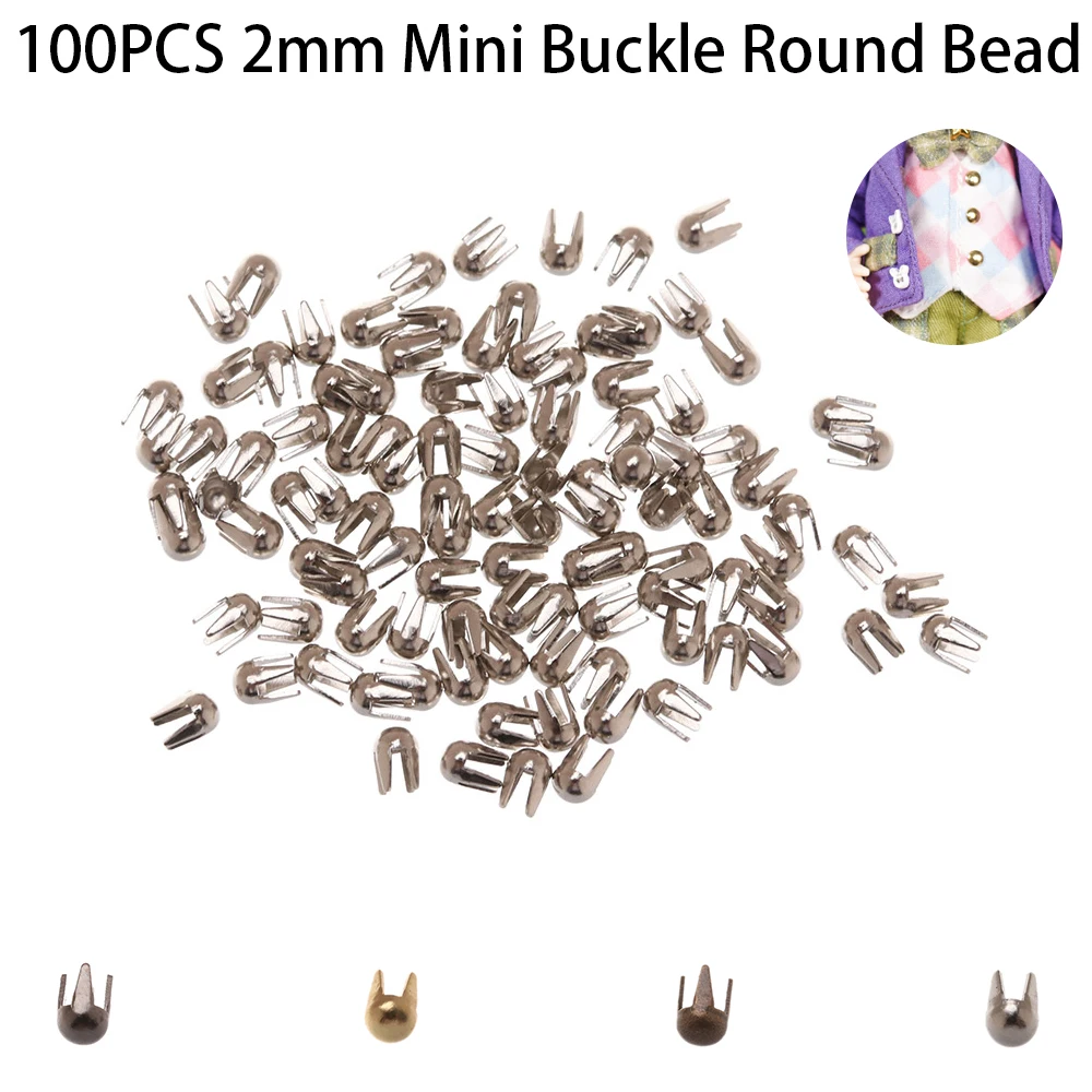 100Pc 2mm Mini Claw Hammer Buckle Gold/Silver/Bronze/Black Metal Round Bead Super Small Doll Button DIY Doll Clothes Accessories