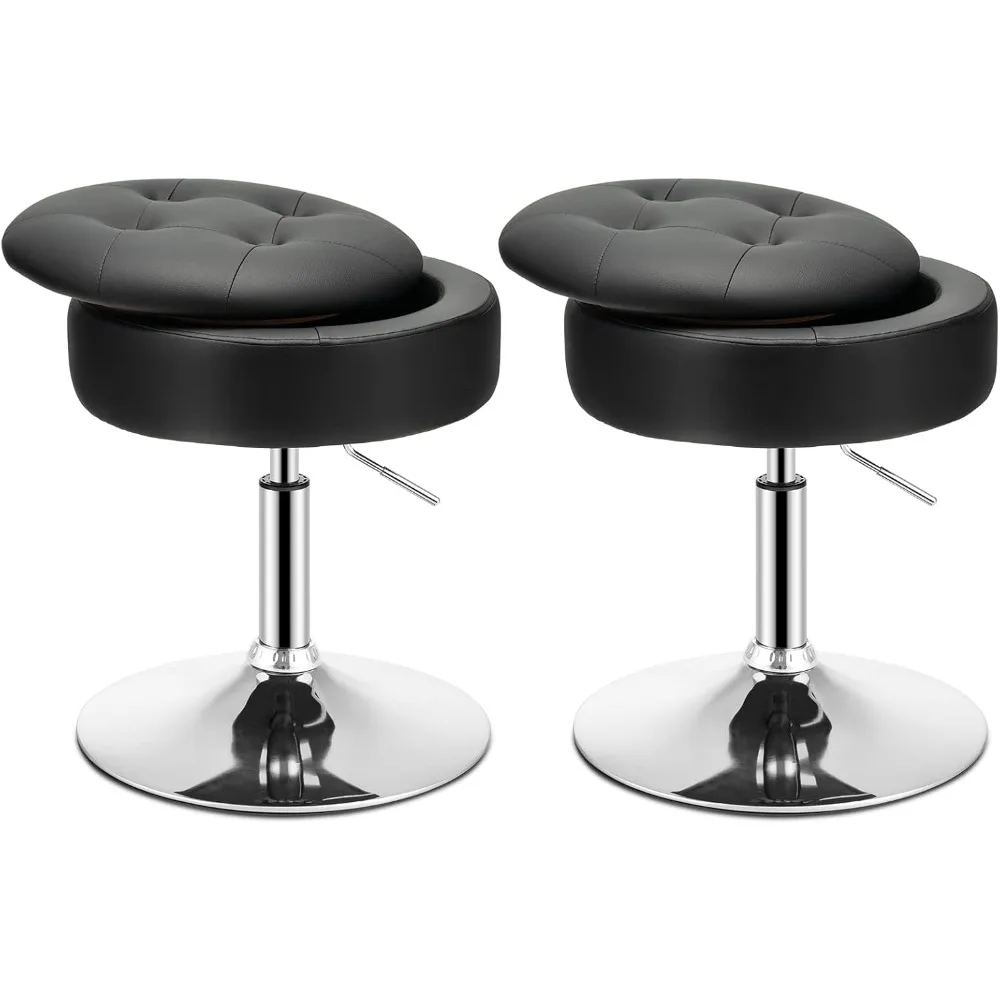 Vanity Stool with Storage Set of 2, 360° Swivel PU Leather Vanity Chair, 20” to 26” Height Adjustable Makeup Stool